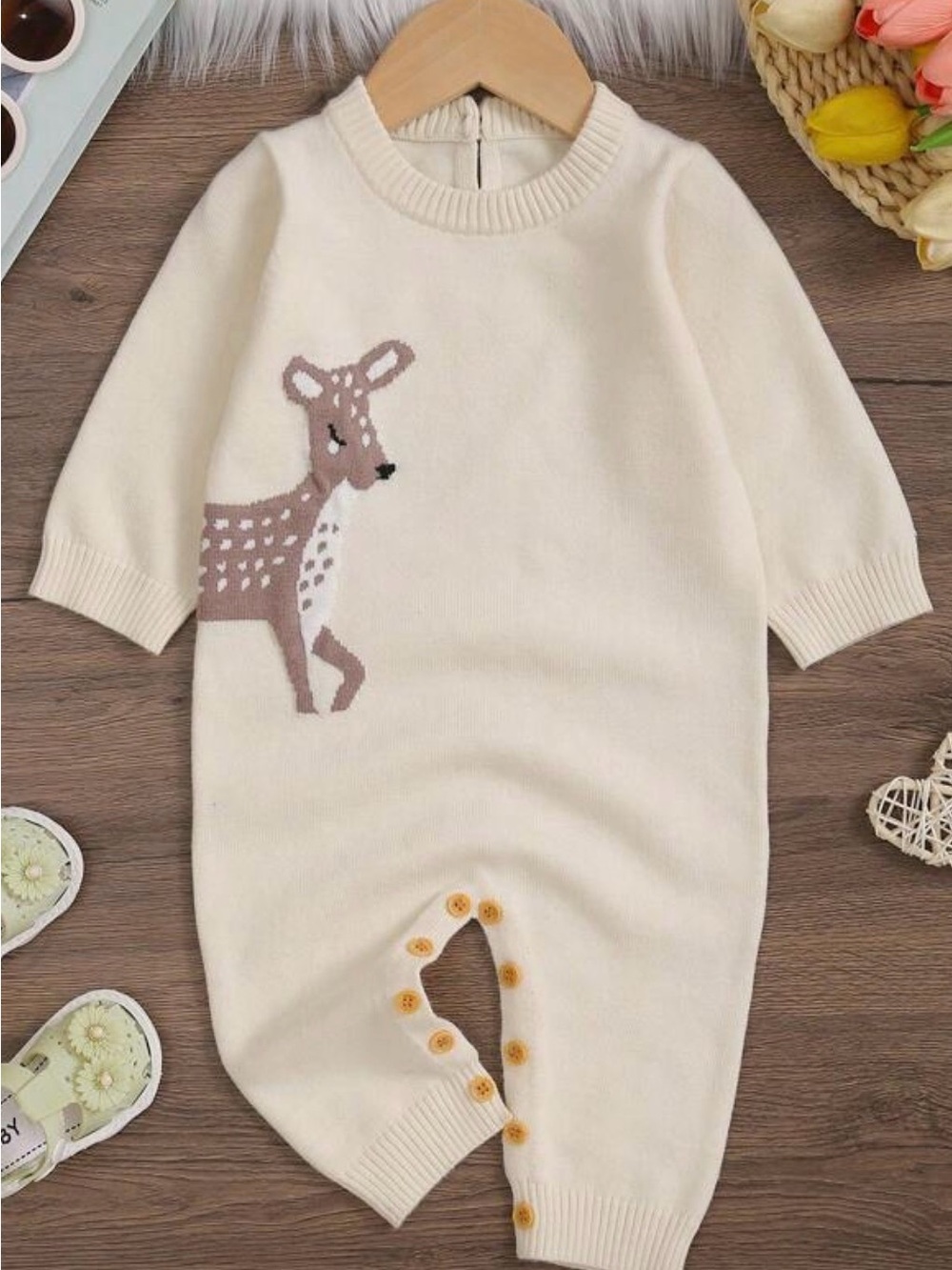 Cream Knit Baby Sweater with deer applique (12-18M)